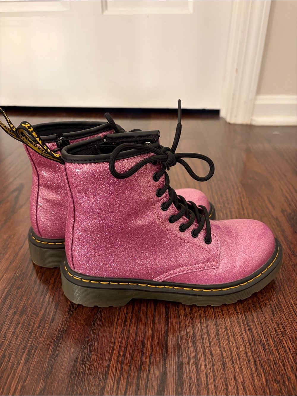Dr. Martens Pink Glitter Lace-Up Combat Boots with zipper sides